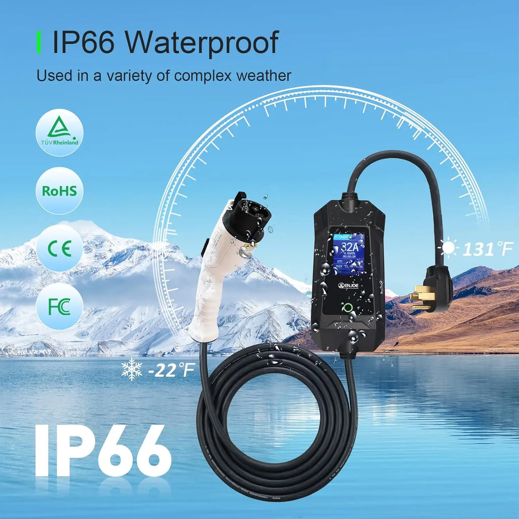 Cargador EV ENJOE Nivel 2 32Amp 110V/240V con enchufe NEMA 5-15 14-50 Cable de 25 pies J1772 Estación de carga de coche eléctrico
